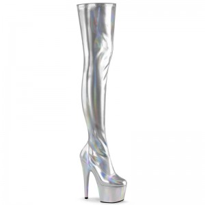 Pleaser Adore-3000HWR Hologram Women's Thigh High Boots Silver | NZ HDMROL