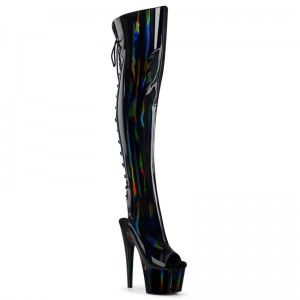 Pleaser Adore-3019HWR Stretch Holo Women's Thigh High Boots Black | NZ IKDRUC