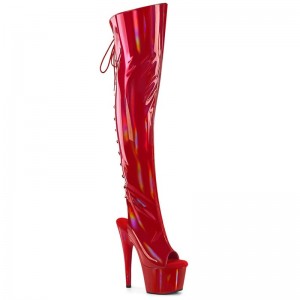 Pleaser Adore-3019HWR Stretch Holo Women's Thigh High Boots Red | NZ MRDUHT