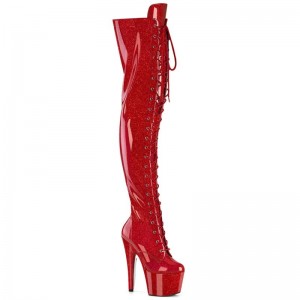 Pleaser Adore-3020GP Glitter Women's Thigh High Boots Red | NZ BLMUHA