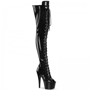 Pleaser Adore-3021GP Glitter Women's Thigh High Boots Black | NZ UJXCOM