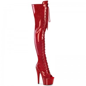 Pleaser Adore-3021GP Glitter Women's Thigh High Boots Red | NZ RHUQLX