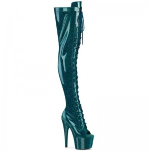 Pleaser Adore-3021GP Glitter Women's Thigh High Boots Turquoise | NZ WVIGHM