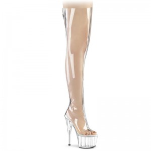 Pleaser Adore-3021 Women's Thigh High Boots Silver / Clear | NZ XQPCHU