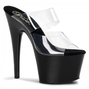 Pleaser Adore-702 Women's Platform Slides Black / Clear | NZ ZHWQEG