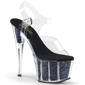 Pleaser Adore-708CG Women's Platform Heels Sandals Black / Clear | NZ FYCUIR