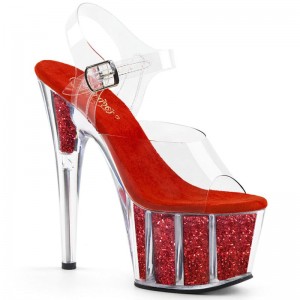 Pleaser Adore-708G Women's Platform Heels Sandals Red / Clear | NZ TZFEPU