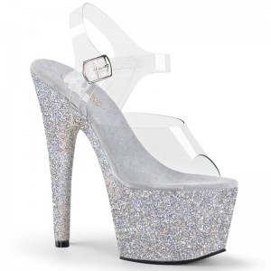 Pleaser Adore-708HMG Women's Platform Heels Sandals Silver / Clear | NZ MDLGEZ