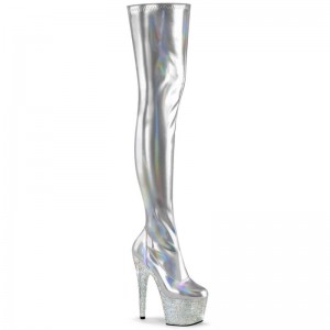 Pleaser Bejeweled-3000-7 Women's Thigh High Boots Silver | NZ KNMUVQ