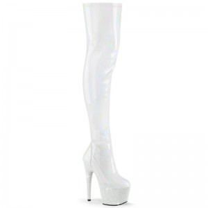 Pleaser Bejeweled-3000-7 Women's Thigh High Boots White | NZ DMOJQU