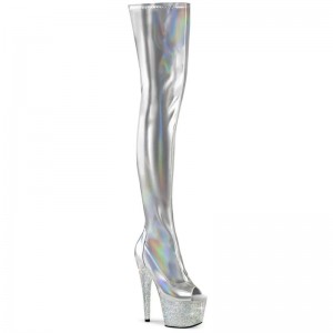 Pleaser Bejeweled-3011-7 Women's Thigh High Boots Silver | NZ EODFHN