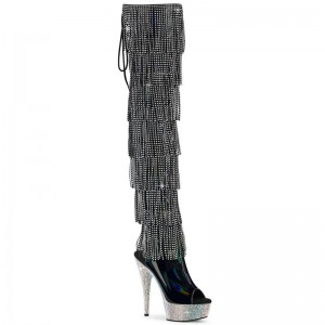 Pleaser Bejeweled-3017HG-RSF-6 Women's Thigh High Boots Black / Silver | NZ AYQIRU