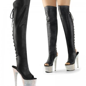 Pleaser Bejeweled-3019DM-7 Vegan Leather Women's Thigh High Boots Black / Silver | NZ NZWRFD