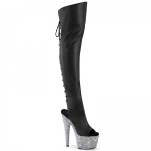 Pleaser Bejeweled-3019MS-7 Faux Leather Women's Thigh High Boots Black / Silver | NZ WRKQOE