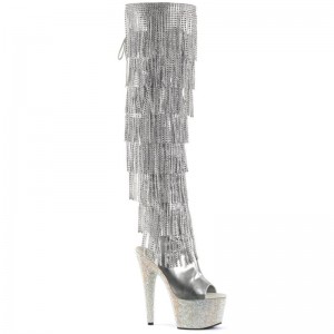 Pleaser Bejeweled-3019RSF-7 Women's Thigh High Boots Silver | NZ ANRVGO