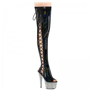 Pleaser Bejeweled-3052HG-7 Hologram Women's Thigh High Boots Black | NZ NJPSCX