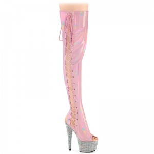 Pleaser Bejeweled-3052HG-7 Hologram Women's Thigh High Boots Pink / Silver | NZ STUFKJ