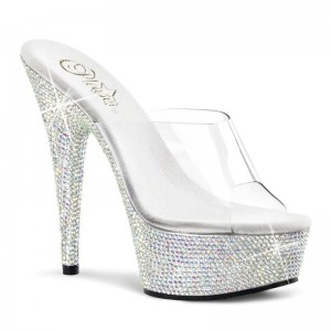 Pleaser Bejeweled-601DM Women's Platform Slides Silver / Clear | NZ OVBNUY