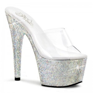 Pleaser Bejeweled-701DM Women's Platform Slides Silver / Clear | NZ BPINWE