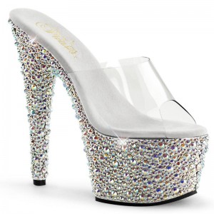 Pleaser Bejeweled-701MS Women's Platform Slides Silver / Clear | NZ VDXQHS