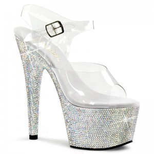 Pleaser Bejeweled-708DM Women's Platform Heels Sandals Silver / Clear | NZ QGHYFK