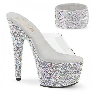 Pleaser Bejeweled-712MS Rhinestones Women's Platform Slides Silver / Clear | NZ WFOSXT