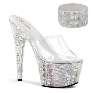 Pleaser Bejeweled-712RS Women's Platform Slides Silver / Clear | NZ EQKIUO