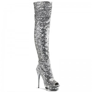 Pleaser Blondie-R-3011 Women's Thigh High Boots Silver | NZ SRNBMV