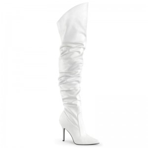 Pleaser Classique-3011 Vegan Leather Women's Thigh High Boots White | NZ ESVKLN