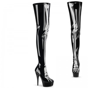 Pleaser Delight-3000BONE Women's Thigh High Boots Black | NZ OEVKHM