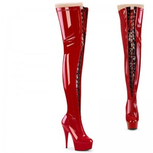 Pleaser Delight-3027 Women's Thigh High Boots Black / Red | NZ TEBJPQ