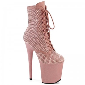 Pleaser Flamingo-1020RM Faux Suede Rhinestone Mesh Women's Heels Boots Pink | NZ SBICVL