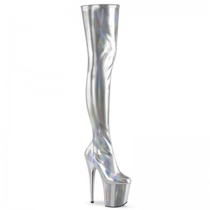 Pleaser Flamingo-3000HWR Women's Thigh High Boots Silver | NZ ZYUDRP