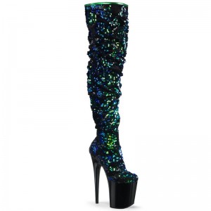 Pleaser Flamingo-3004 Women's Thigh High Boots Green / Black | NZ HESLRM