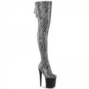 Pleaser Flamingo-3008SP-BT Snake Women's Thigh High Boots Grey / Black | NZ AYUODF