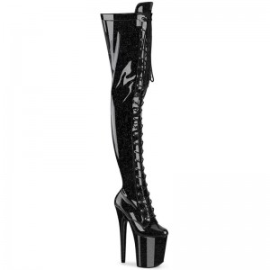 Pleaser Flamingo-3020GP Glitter Women's Thigh High Boots Black | NZ RNLSYV