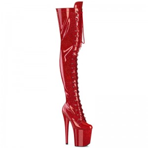 Pleaser Flamingo-3020GP Glitter Women's Thigh High Boots Red | NZ HRCXEP