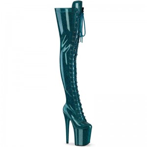 Pleaser Flamingo-3020GP Glitter Women's Thigh High Boots Turquoise | NZ WHZLTM