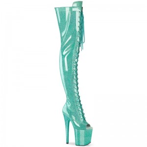 Pleaser Flamingo-3021GP Glitter Women's Thigh High Boots Light Turquoise | NZ PNJSCH