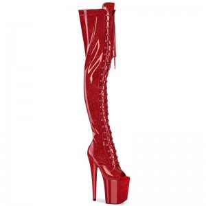 Pleaser Flamingo-3021GP Glitter Women's Thigh High Boots Red | NZ LUKJWZ