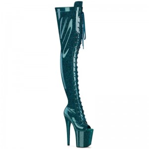 Pleaser Flamingo-3021GP Glitter Women's Thigh High Boots Turquoise | NZ TEGVKO