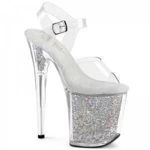 Pleaser Flamingo-808RSI Rhinestones Women's Platform Heels Sandals Silver / Clear | NZ IWJOST