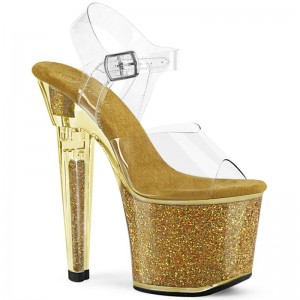 Pleaser Lovesick-708SG Women's Platform Heels Sandals Gold / Clear | NZ YFASLB