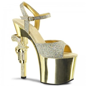 Pleaser Revolver-709G Women's Platform Heels Sandals Gold | NZ EXLQGB