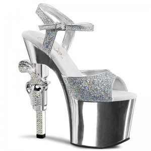 Pleaser Revolver-709G Women's Platform Heels Sandals Silver | NZ JPKMUX