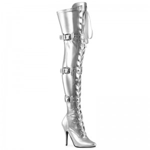 Pleaser Seduce-3028 Women's Thigh High Boots Silver | NZ XZJOCN