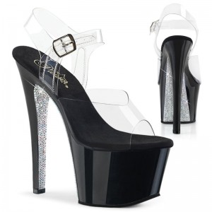 Pleaser Sky-308CRS Women's Platform Heels Sandals Black / Silver / Clear | NZ MOWURZ