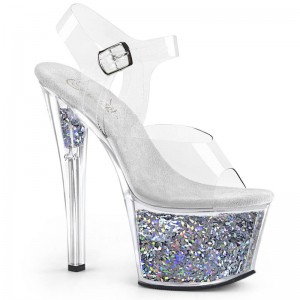 Pleaser Sky-308GF Women's Platform Heels Sandals Silver / Clear | NZ GUZYMO