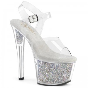 Pleaser Sky-308RSI Rhinestones Women's Platform Heels Sandals Silver / Clear | NZ AOHZVN