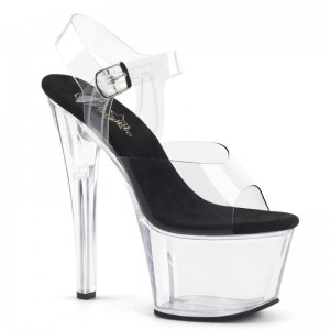 Pleaser Sky-308 Women's Platform Heels Sandals Black / Clear | NZ GORMEW